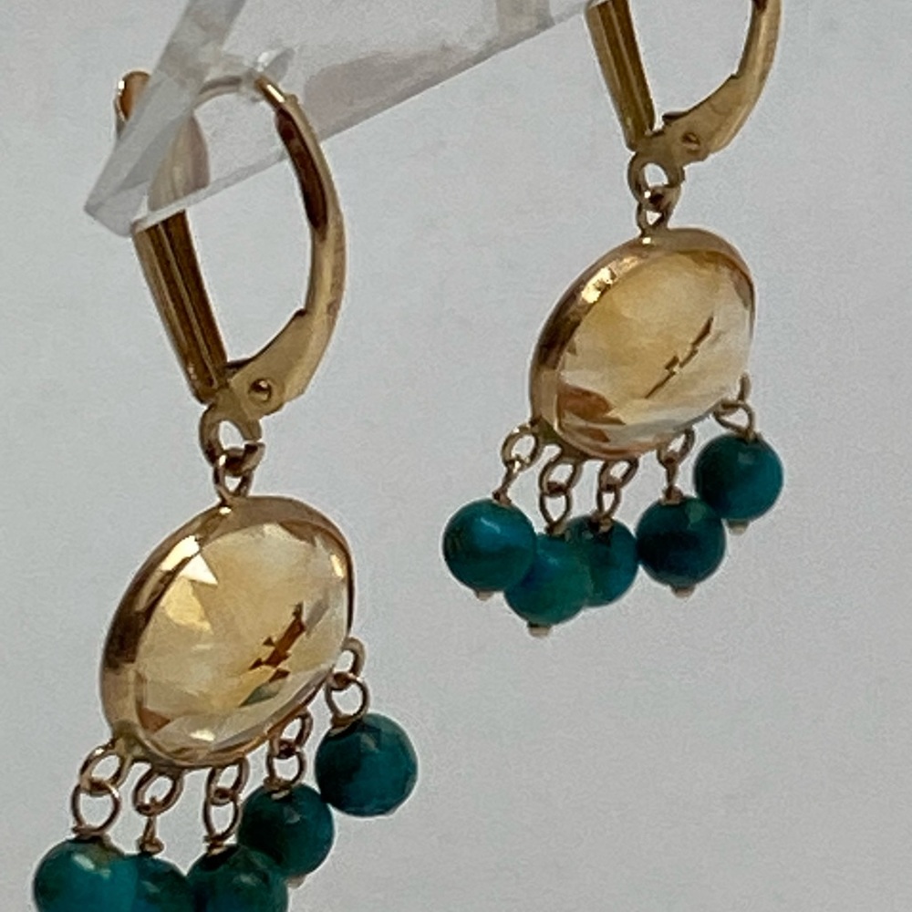 14K Yellow Gold Bezel Citrine and Turquoise Bead Dangle Leverback Earrings - Picture 4 of 15